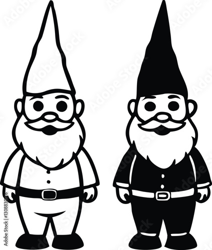 Garden gnomes vector illustration in black and white, cute bearded dwarf characters with pointy hats, fairytale fantasy style clipart