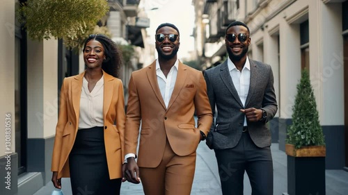 Stylish friends walking confidently in a city street on a sunny day, dressed in fashionable suits