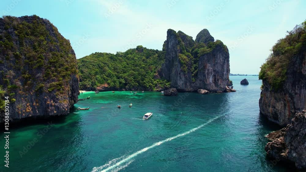Turquoise lagoon with white coral sand Nui beach. Landscape koh Phi Phi Don island, Krabi, Thailand Aerial drone video.