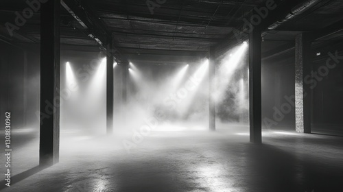 Gritty underground venue filled with fog and pulsing lights, concrete floors reverberate with grunge beats.