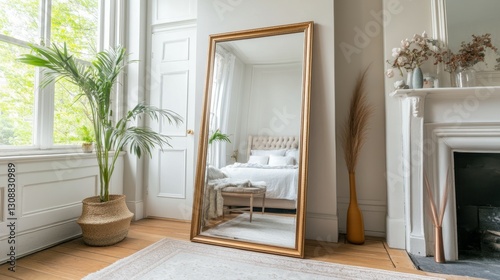 A large, full-length mirror with a brass frame, standing on the floor in front of a fireplace and bedroom door. The light wood floors and modern home decor.