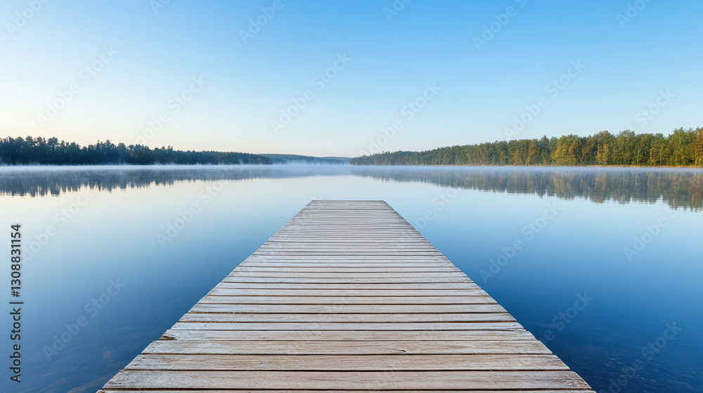 Fototapeta premium serene wooden dock extends into calm, misty lake under clear blue sky