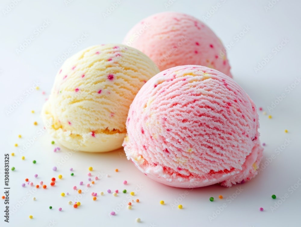 vanilla and strawberry ice cream scoops, white background vanilla and strawberry ice cream scoops, white background