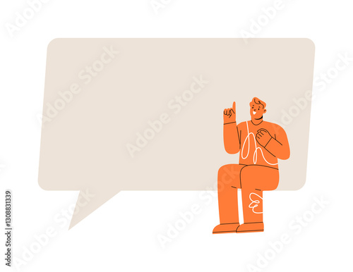 Man sitting on speech bubble, people survey. Colorful vector illustration