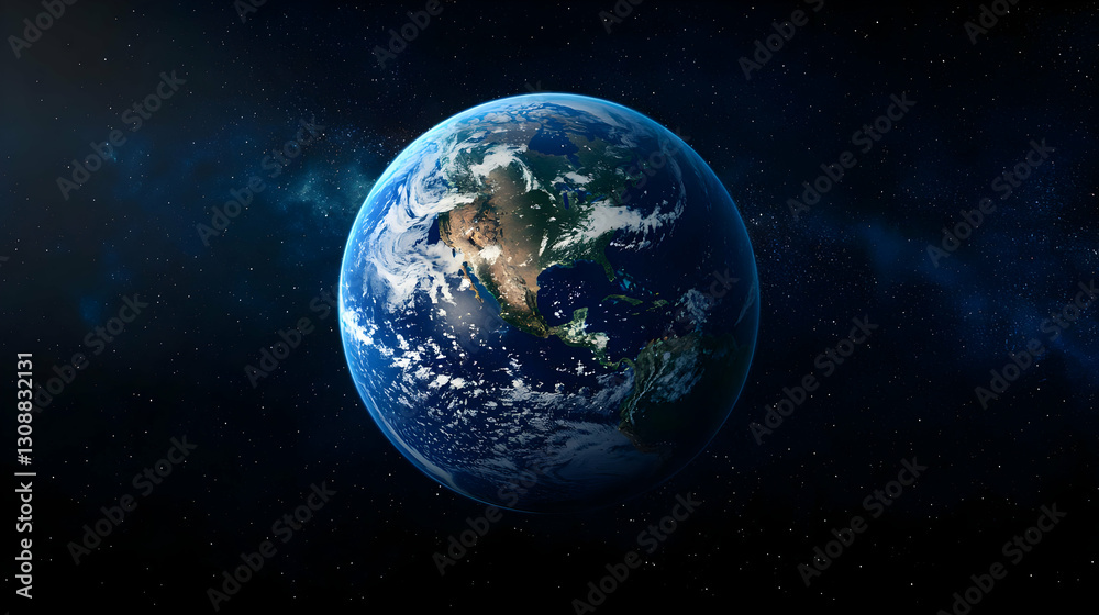 Blue Planet Earth In Space Showing Continents And Swirling Clouds Against Starry Night Sky Blue Planet Earth In Space Showing Continents And Swirling Clouds Against Starry Night Sky