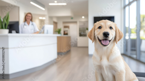 Wallpaper Mural happy puppy sitting in modern veterinary clinic with smiling vet Torontodigital.ca