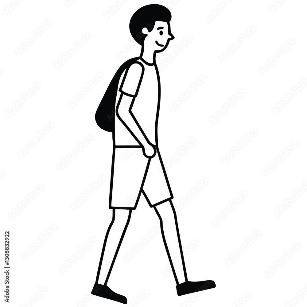 A minimalistic black and white line art illustration of a young man walking with a backpack A minimalistic black and white line art illustration of a young man walking with a backpack