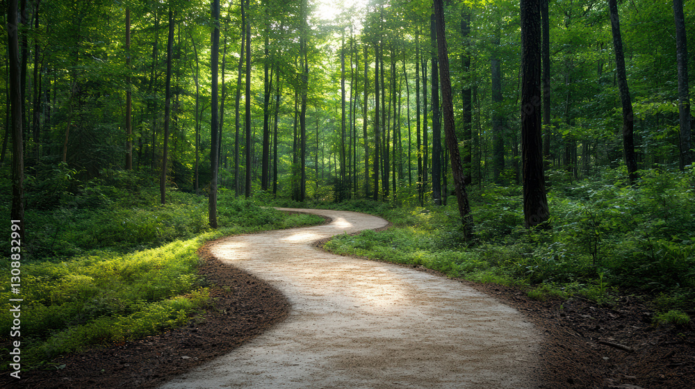 Fototapeta premium winding dirt trail through secluded forest glade invites exploration