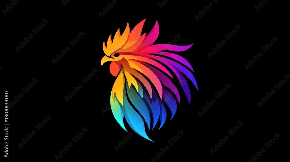 Obraz premium Colorful rooster head profile, vibrant plumage, dark background, logo design
