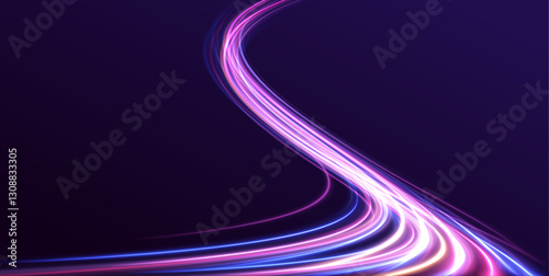 A stunning light display of neon trails travels through a dark, abstract landscape, illustrating the breakneck pace of innovation and technological growth.	