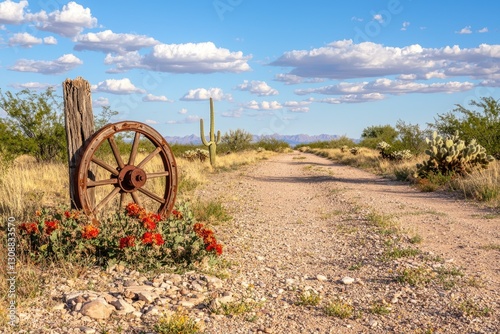 Rustic Southwestern Desert Landscape Dirt Road Wagon Wheel Cactus and Blooming Flowers