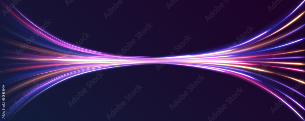 Vector speed of light in space on dark background. Abstract background in blue, yellow and orange neon colors. Neon stripes in the form of drill, turns and swirl.