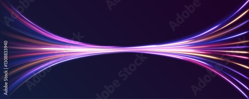 Vector speed of light in space on dark background. Abstract background in blue, yellow and orange neon colors. Neon stripes in the form of drill, turns and swirl.