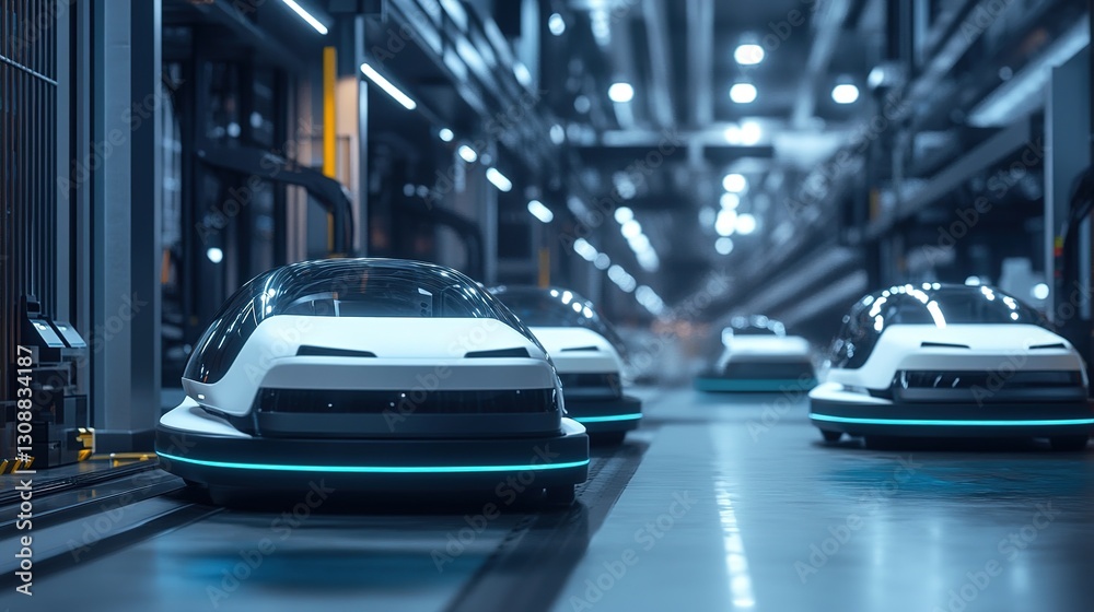 Fototapeta premium A next-gen manufacturing plant using AI-driven autonomous transport vehicles.