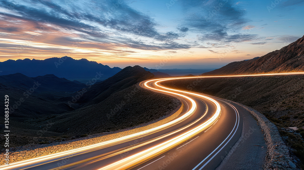 Fototapeta premium surreal highway winding through mountains at sunset, showcasing light trails