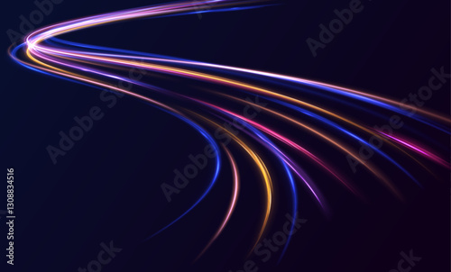 Low-poly construction of fine lines. Vector art of dynamic light motion, light trail, high speed effect, traffic motion. Expressway, the effect of car headlights.	