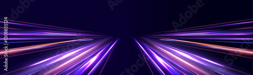 High-speed light trails effect. Vector glitter light fire flare trace. Panoramic high speed technology concept, light abstract background.	