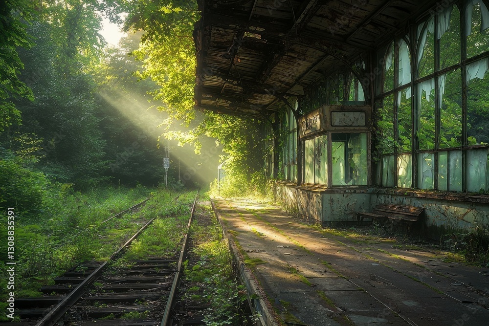 Overgrown Train Station Lost in Time An abandoned train station, overtaken by nature, with rusted tracks disappearing into dense greenery. Overgrown Train Station Lost in Time An abandoned train station, overtaken by nature, with rusted tracks disappearing into dense greenery.