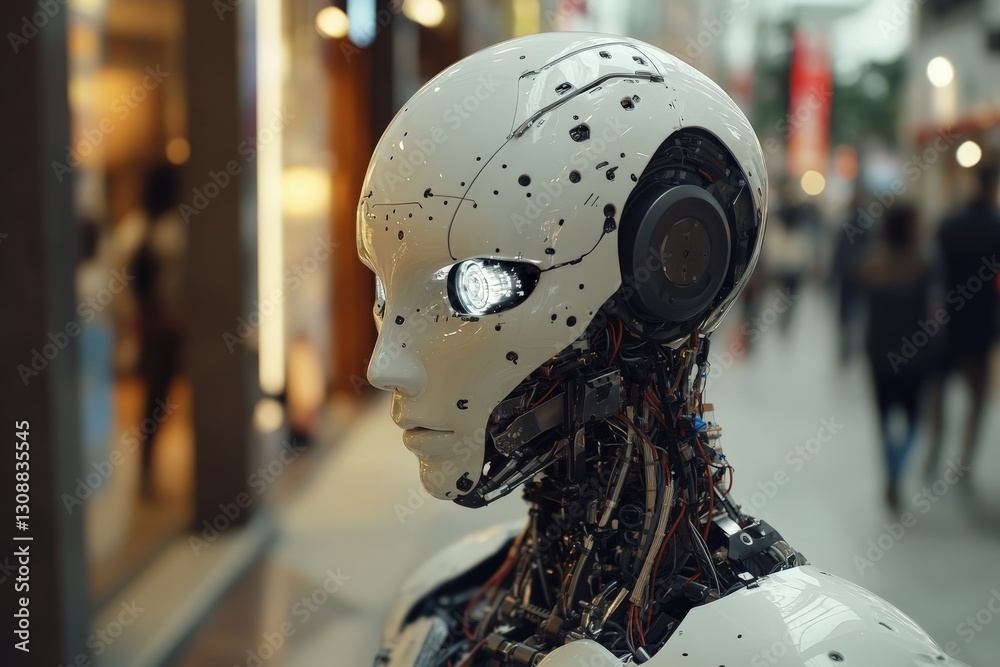 Fototapeta premium Robot with intricate design stands in a bustling urban street showcasing advanced technology amidst human activity