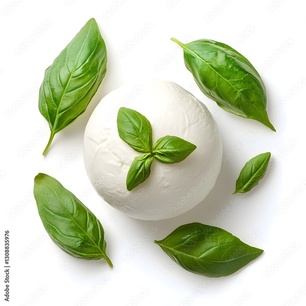 Obraz premium Top-Down View of Fresh Mozzarella Ball with Basil Leaves on White Background, Isolated Food Shot