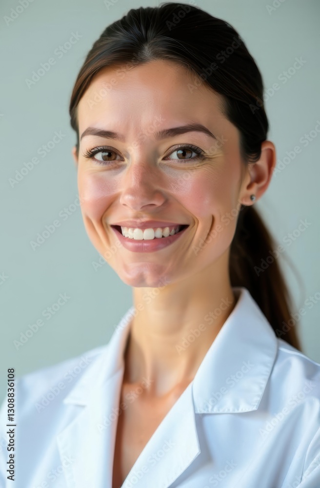 Portrait of smiling female doctor wearing white coat showing confidence and professionalism Portrait of smiling female doctor wearing white coat showing confidence and professionalism