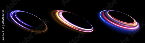 Set of neon blurry light circles at motion . Vector swirl trail effect. Abstract vector fire circles, sparkling swirls and energy light spiral frames.