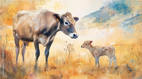 Vector illustration, watercolor painting of a cow and her calf on a pasture