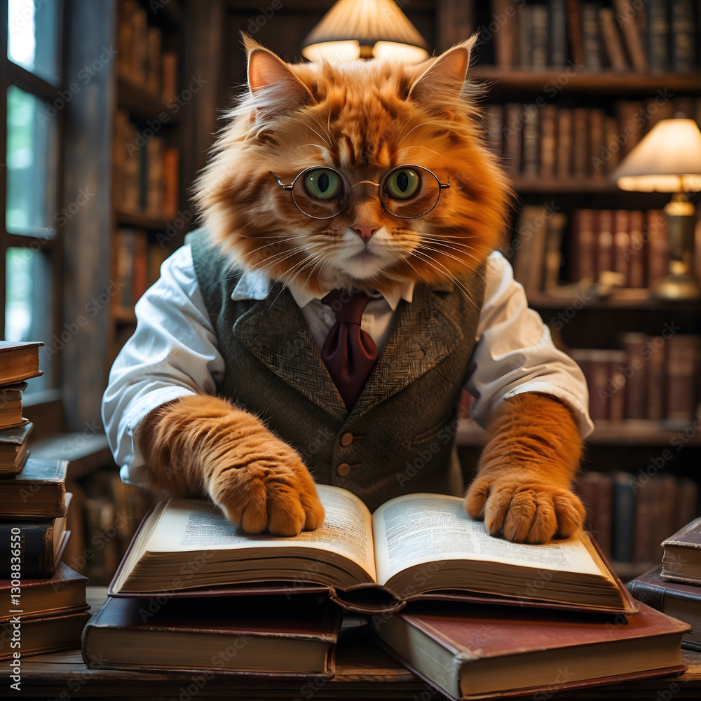 Vibrant redhaired cat wearing glasses explores ancient books in a cozy library setting during daytime