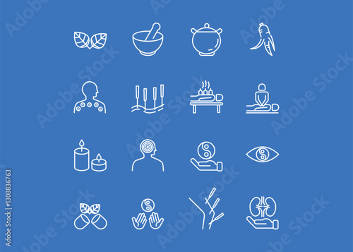 A set of icons for Traditional Medicine. The icons include a cigarette, acupuncture, a sense of acupuncture, ginseng, and a Yin Yang circle. Editable stroke. Vector illustration.