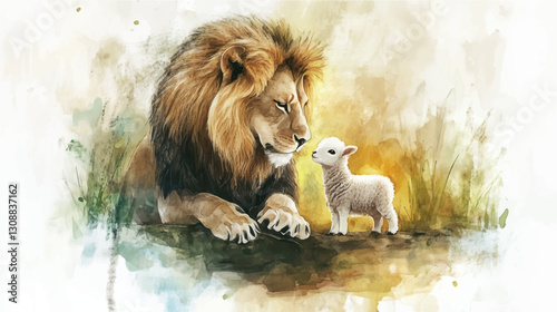 Vector illustration, watercolor painting of lion and cute lamb on meadow
