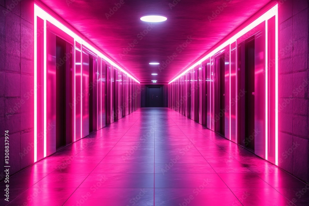 Neon-lit hallway in modern building with vibrant pink lights during night time showcasing sleek design elements Neon-lit hallway in modern building with vibrant pink lights during night time showcasing sleek design elements