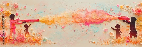 Vibrant Cut-Paper Collage of Pichkaris Spraying Colors with Silhouetted Children Celebrating Holi Festival