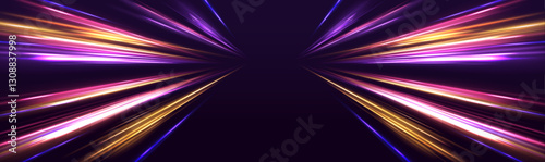 Abstract neon stripes with drills, turns, and swirls in high-speed motion, depicting futuristic road movement and glowing blue-purple light trails.	