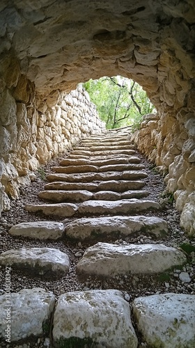 Stone stairs ascend to light, arched tunnel
