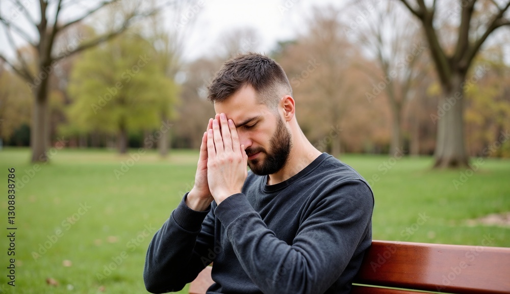 Man experiencing discomfort from seasonal allergies while sitting on a park bench Man experiencing discomfort from seasonal allergies while sitting on a park bench