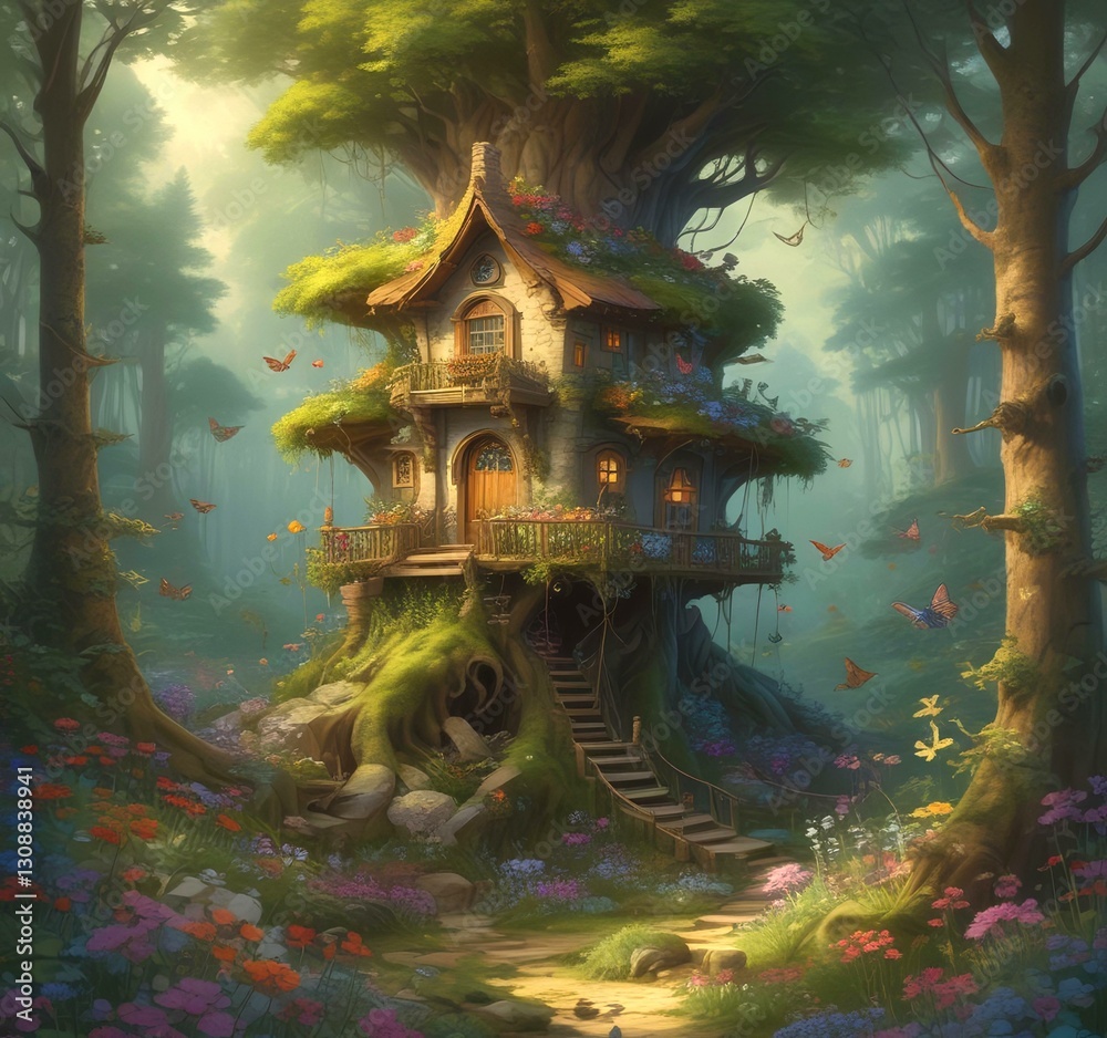 Fototapeta premium Illustration of goblin house in green forest.