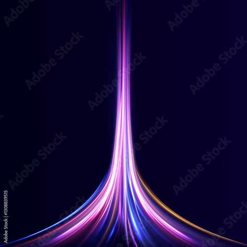 Light trail wave, fire path trace line, car lights, optic fiber and incandescence curve twirl. High speed road in night time abstraction. Sport car is made of polygons, lines and connected dots.	
