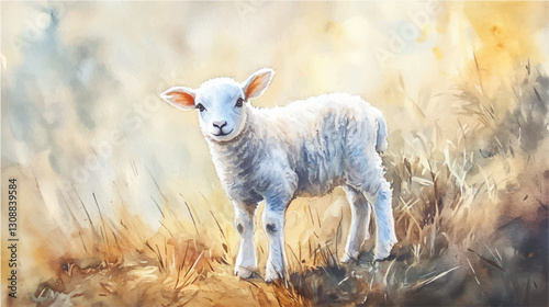 Vector illustration, watercolor painting of sweet baby lamb on meadow