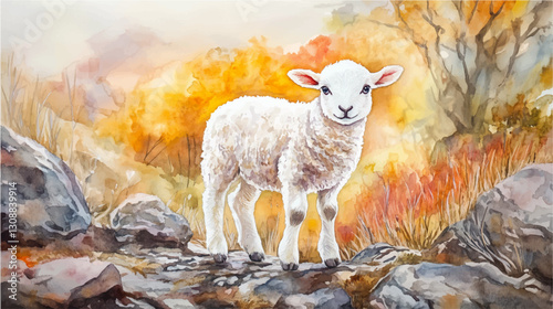 Vector illustration, watercolor painting of sweet baby lamb on meadow