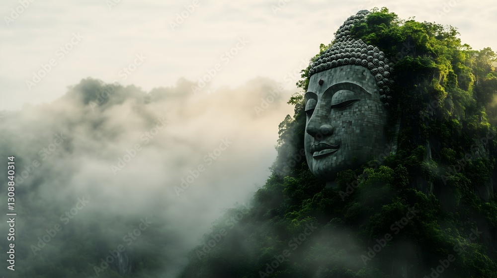 Buddha statue on mountain peak surrounded by lush forest and misty valleys. Serene landscape with stone monument amid green vegetation, mountain. Buddhist temples, wellness retreats. Horizontal banner