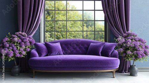 Purple velvet sofa by window, lush hydrangeas, classic interior photo