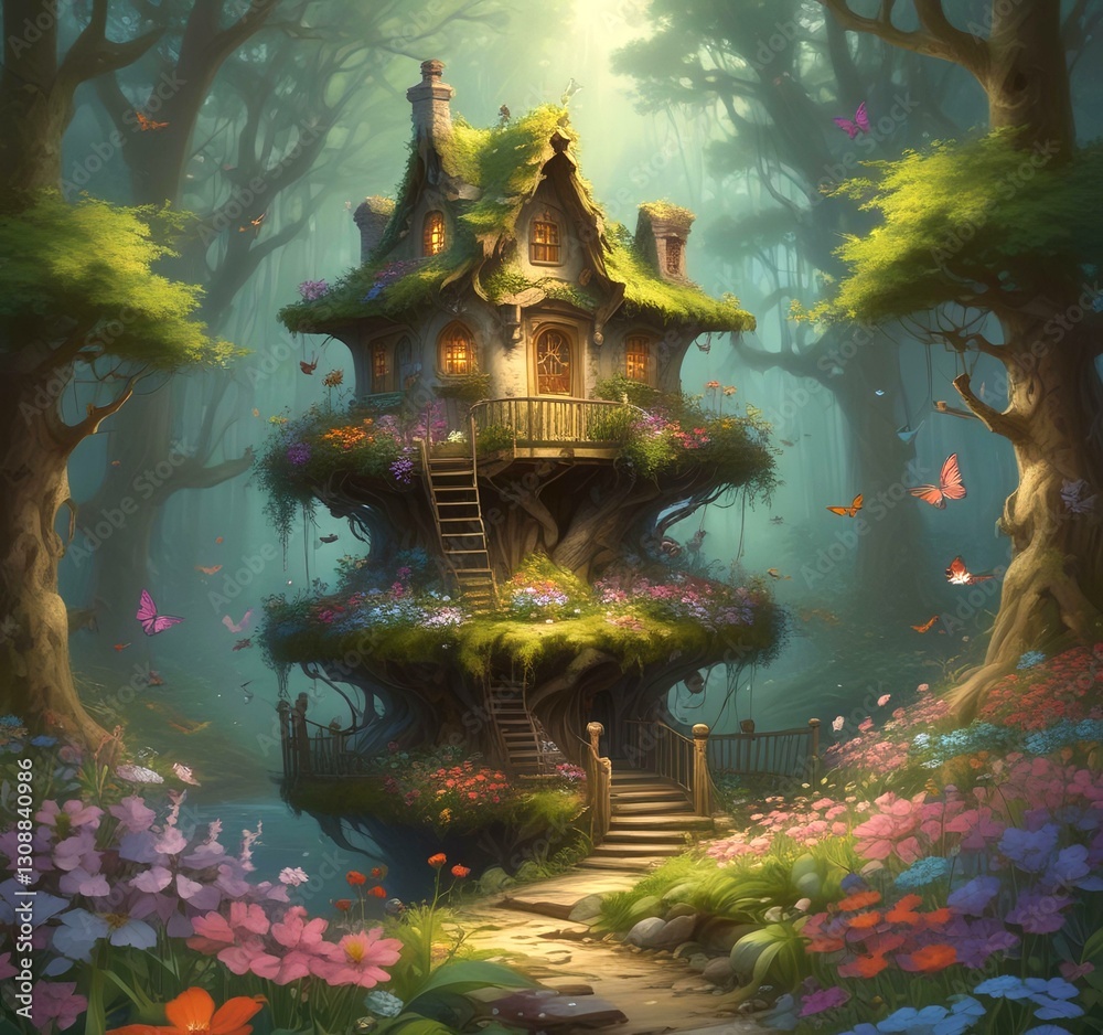 Fototapeta premium Illustration of goblin house in green forest.