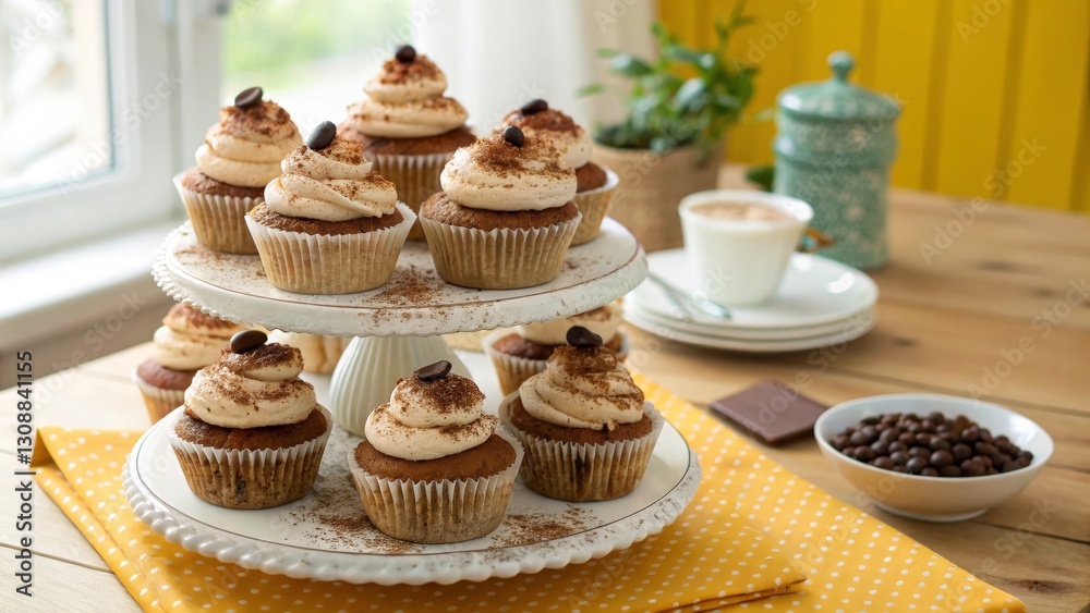 A dozen tiramisu-inspired cupcakes arranged on a tiered dessert stand. A dozen tiramisu-inspired cupcakes arranged on a tiered dessert stand.