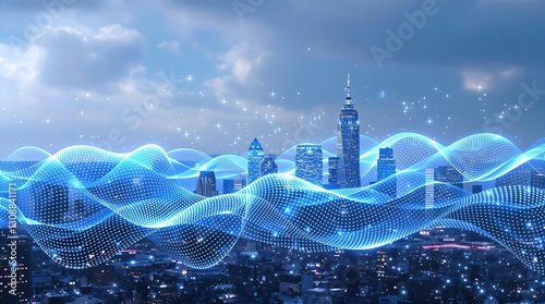 Futuristic Smart City Concept: Digital Network Over Skyline, High-Tech Urban Landscape with Wireless Connectivity and Modern Architecture