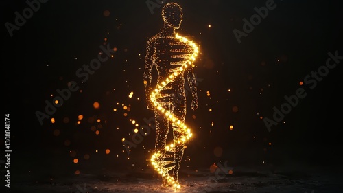 National DNA day with biology and molecular concept. Illuminated figure spiraling with golden light DNA form particles.