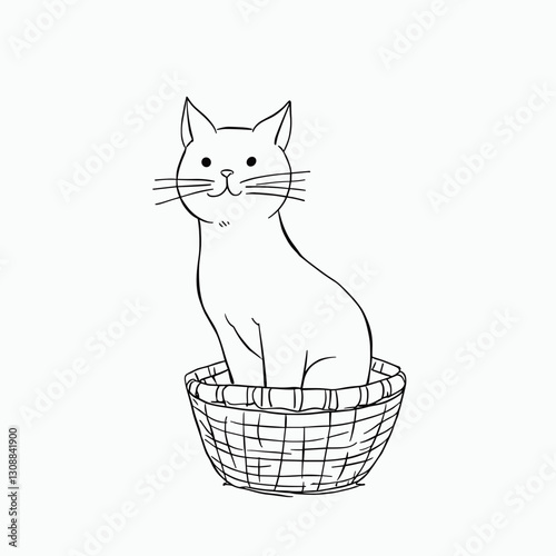 Curious cat in a basket illustration, inquisitive, sitting comfortably, white background, copy space