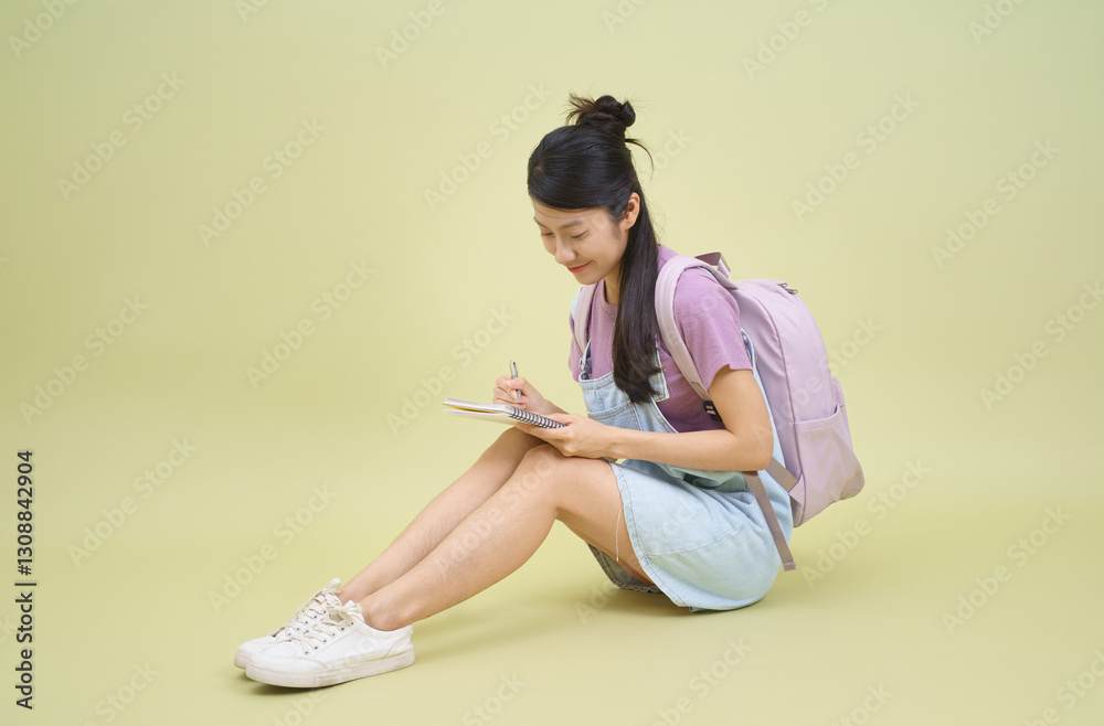 Obraz premium Young girl with backpack happily writing notes in a notebook on a pastel green background