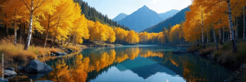 Vibrant aspen trees reflecting in calm Fish Lake , scenic, fall Vibrant aspen trees reflecting in calm Fish Lake , scenic, fall