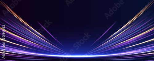 Neon glowing lines and dynamic light trails create a visual representation of high-speed internet communication. This concept highlights the power of fiber optics and the future of wireless networks.