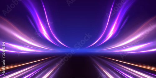 Cyberpunk light trails in motion or light slow shutter effect. Acceleration speed motion on night road. Bright sparkling background. Panoramic high speed technology concept, light abstract background.